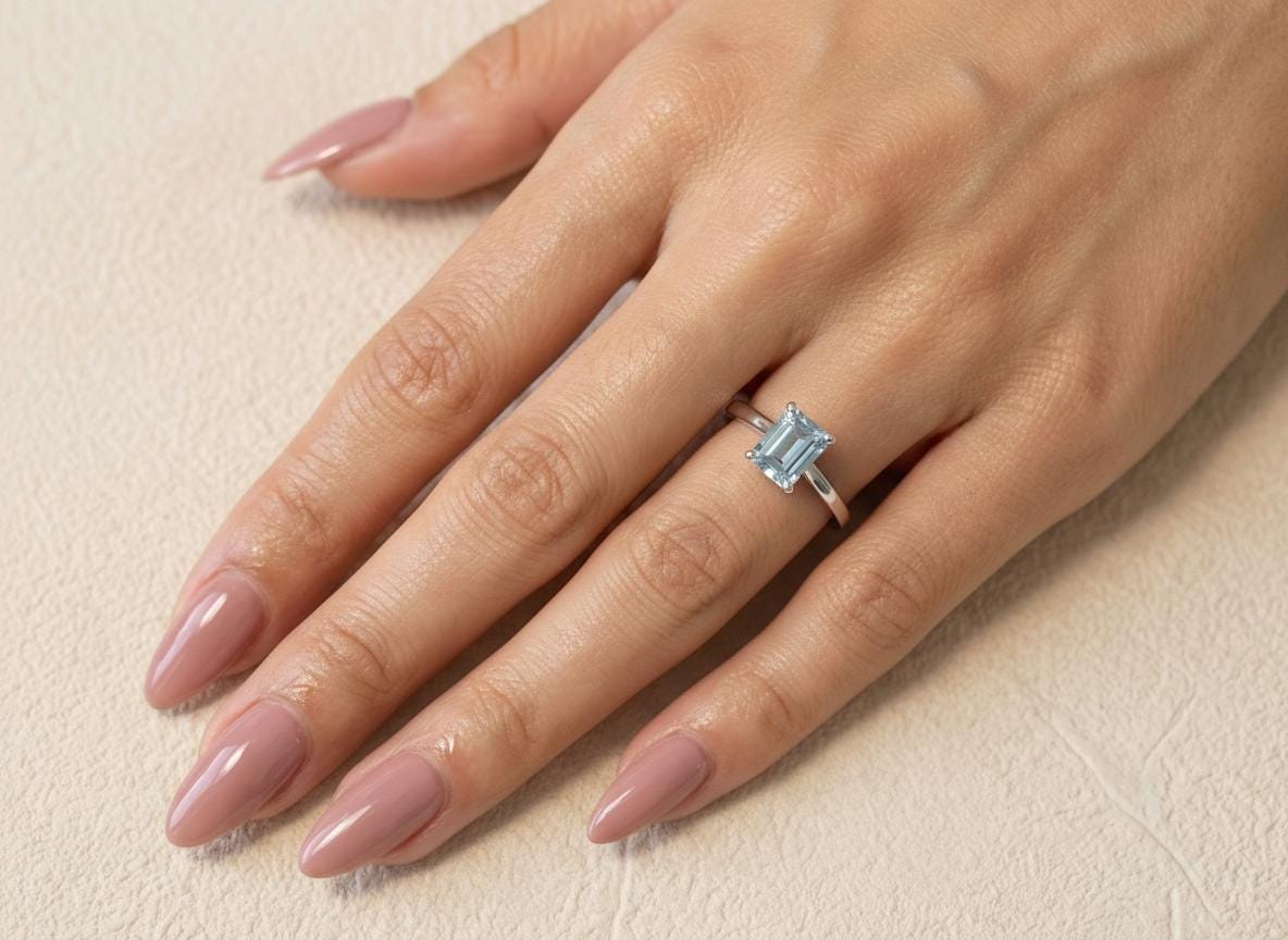 Emerald Cut Aquamarine Ring Solitaire Engagement Ring Silver March Birthstone Promise Ring Minimalist Light Blue Gemstone Anniversary Gift