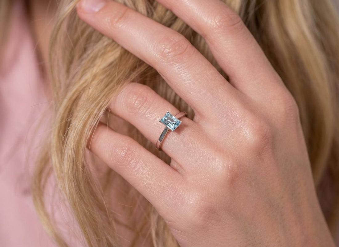 Emerald Cut Aquamarine Ring Solitaire Engagement Ring Silver March Birthstone Promise Ring Minimalist Light Blue Gemstone Anniversary Gift