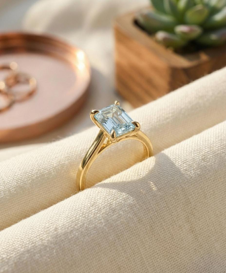 Emerald Cut Aquamarine Ring Solitaire Engagement Ring Silver March Birthstone Promise Ring Minimalist Light Blue Gemstone Anniversary Gift