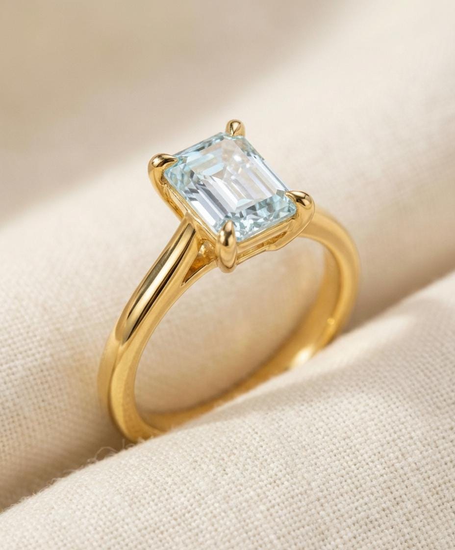 Emerald Cut Aquamarine Ring Solitaire Engagement Ring Silver March Birthstone Promise Ring Minimalist Light Blue Gemstone Anniversary Gift