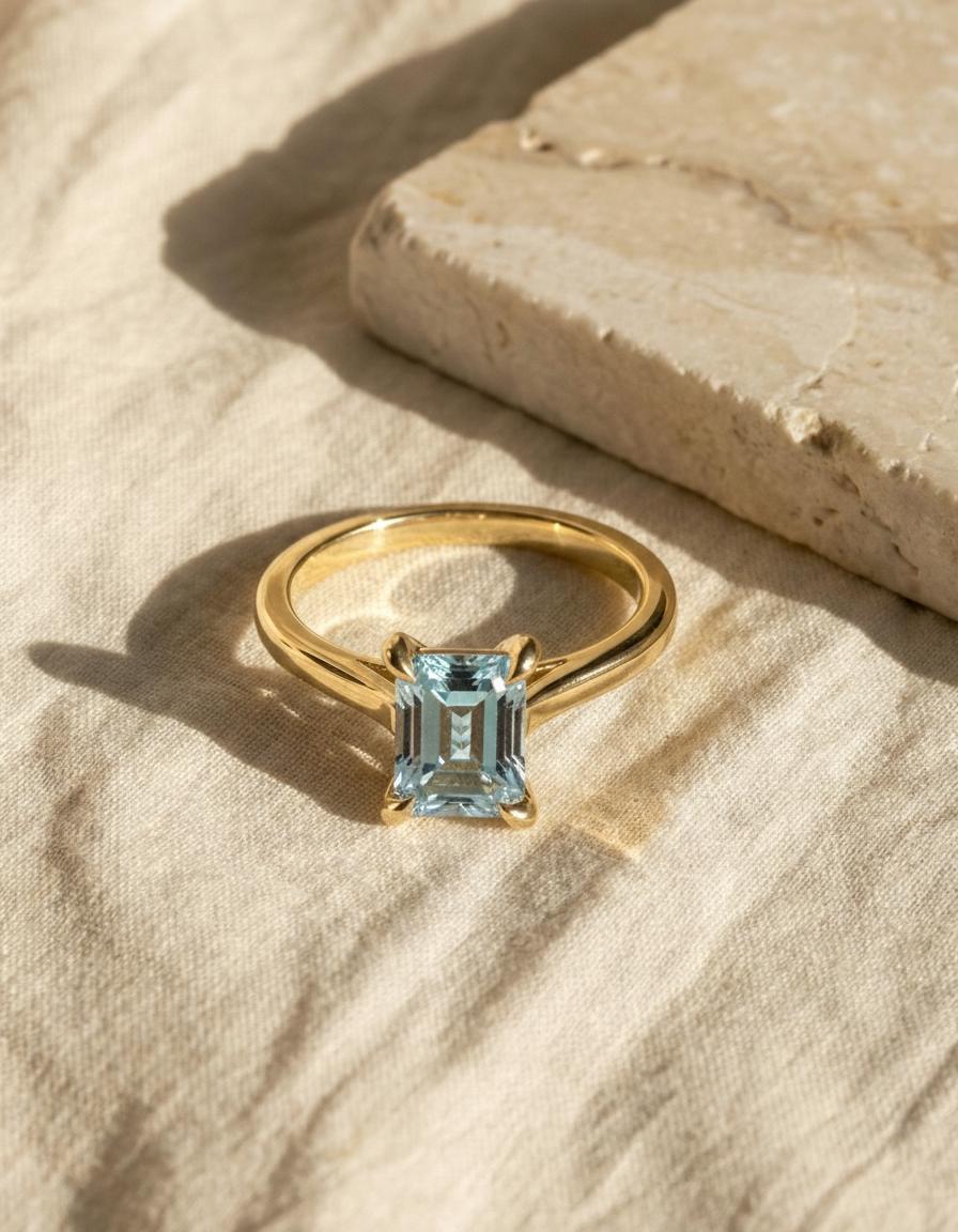 Emerald Cut Aquamarine Ring Solitaire Engagement Ring Silver March Birthstone Promise Ring Minimalist Light Blue Gemstone Anniversary Gift