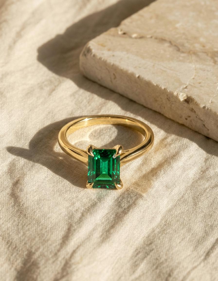 Emerald Engagement Ring Solitaire, Emerald Cut. Green Gemstone Promise Ring, Minimalist Art Deco Wedding Band
