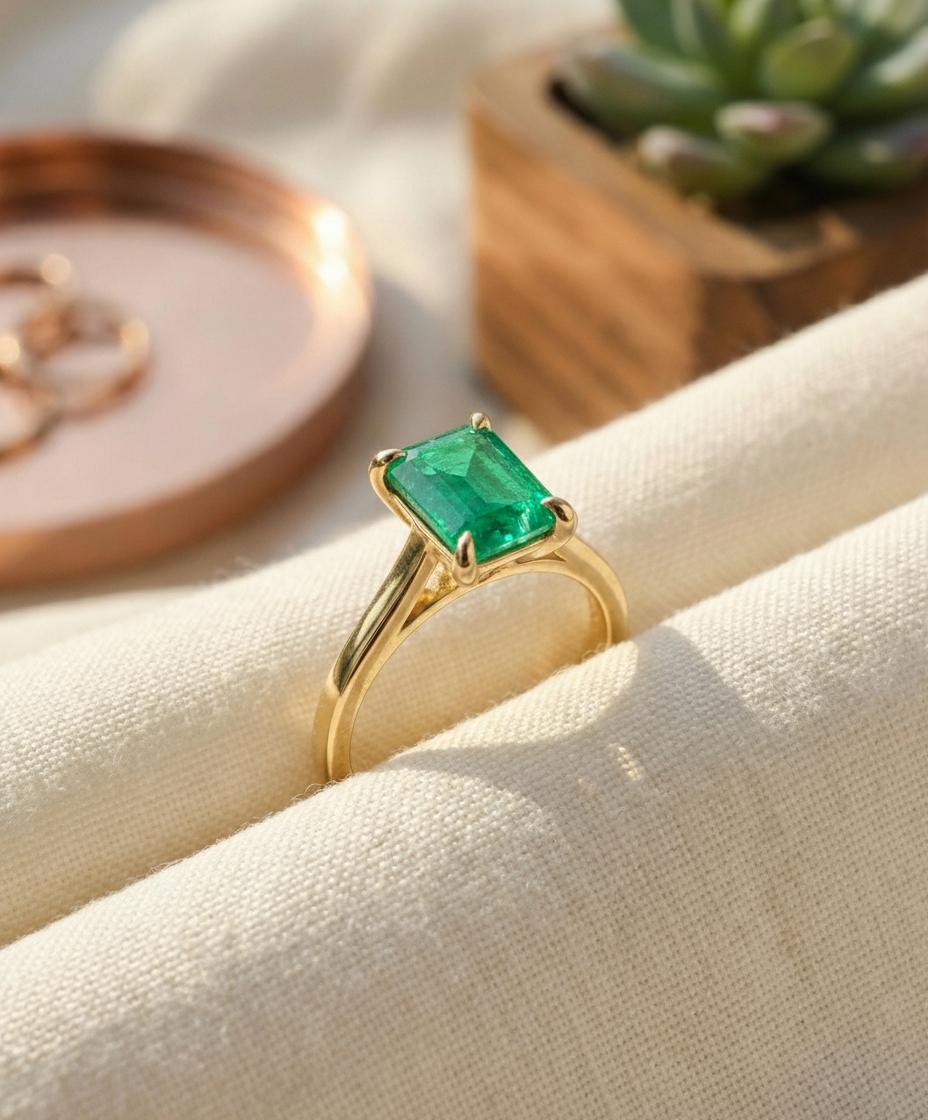 Emerald Engagement Ring Solitaire, Emerald Cut. Green Gemstone Promise Ring, Minimalist Art Deco Wedding Band