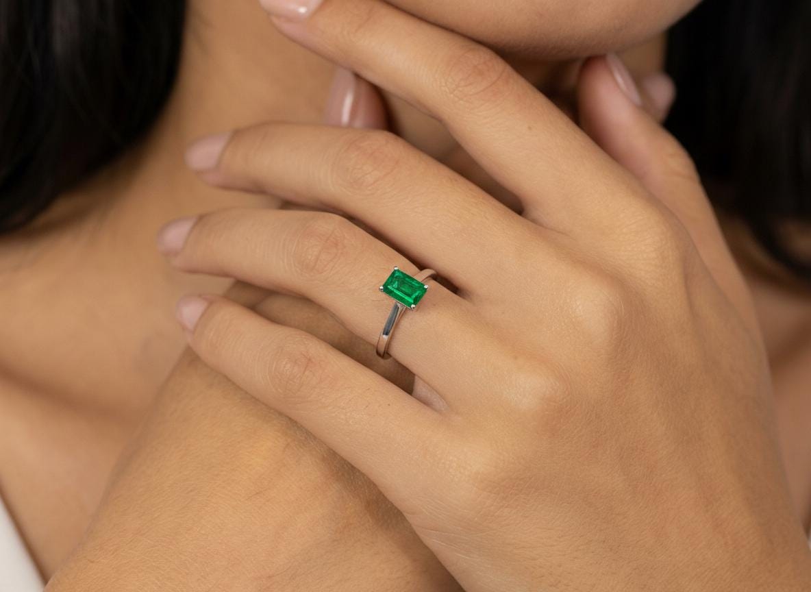 Emerald Engagement Ring Solitaire, Emerald Cut. Green Gemstone Promise Ring, Minimalist Art Deco Wedding Band