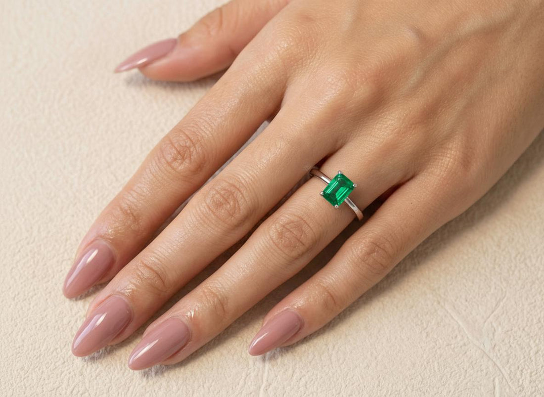 Emerald Engagement Ring Solitaire, Emerald Cut. Green Gemstone Promise Ring, Minimalist Art Deco Wedding Band