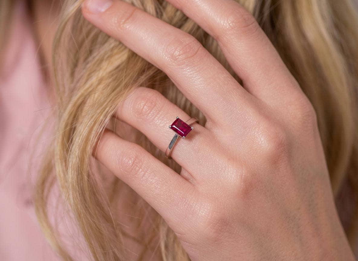 Emerald Cut Ruby Engagement Ring, Rich Red Gemstone Solitaire, 1.75ct Promise Ring, Art Deco July Birthstone Gift