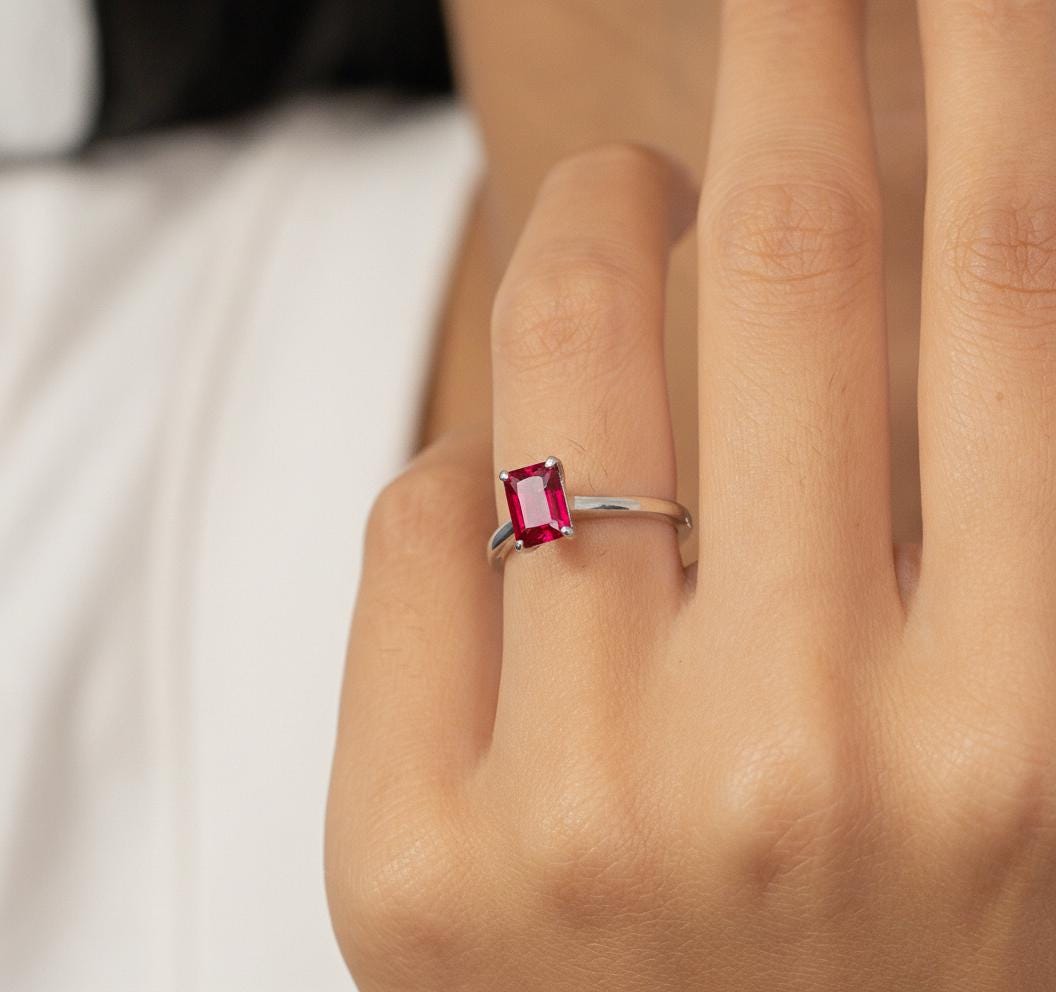 Emerald Cut Ruby Engagement Ring, Rich Red Gemstone Solitaire, 1.75ct Promise Ring, Art Deco July Birthstone Gift