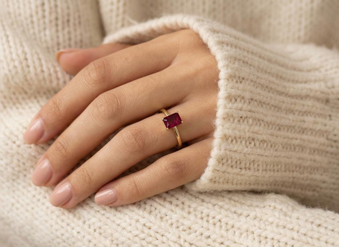 Emerald Cut Ruby Engagement Ring, Rich Red Gemstone Solitaire, 1.75ct Promise Ring, Art Deco July Birthstone Gift