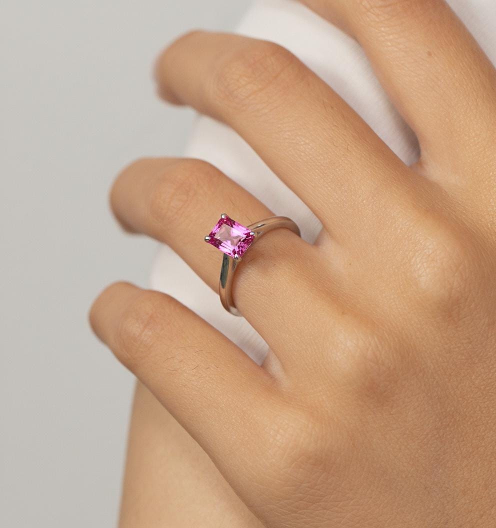 Emerald Cut Pink Tourmaline Ring Sterling Silver Solitaire Engagement Ring Minimalist Promise Ring Pink Gemstone Gift