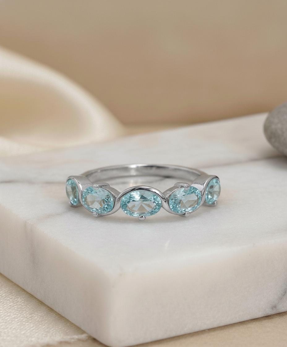 Graduation Gift Aquamarine Ring 5 Stone Oval Band Light Blue March Birthstone Jewelry Half Eternity Ring Custom Metal Choice