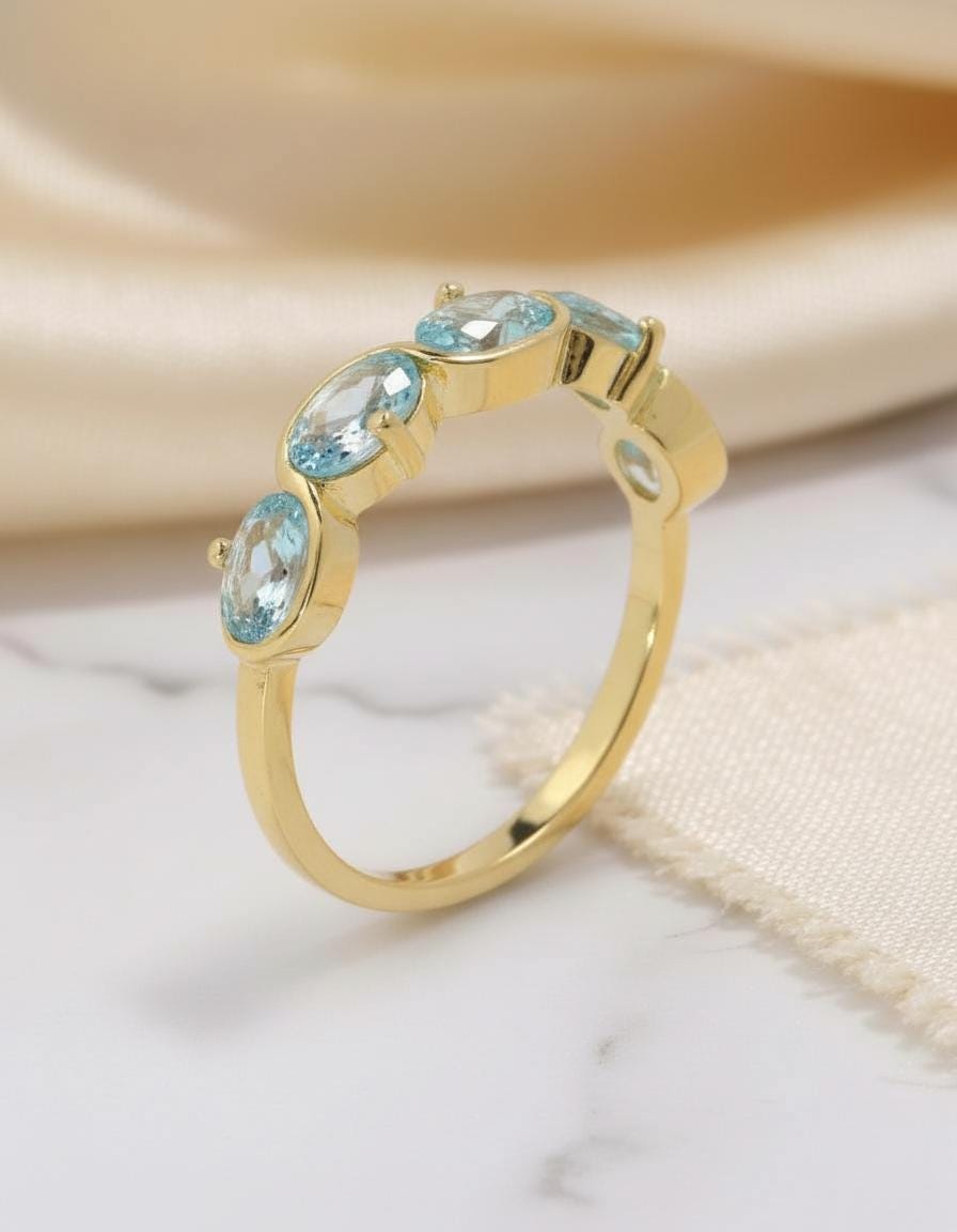 Graduation Gift Aquamarine Ring 5 Stone Oval Band Light Blue March Birthstone Jewelry Half Eternity Ring Custom Metal Choice
