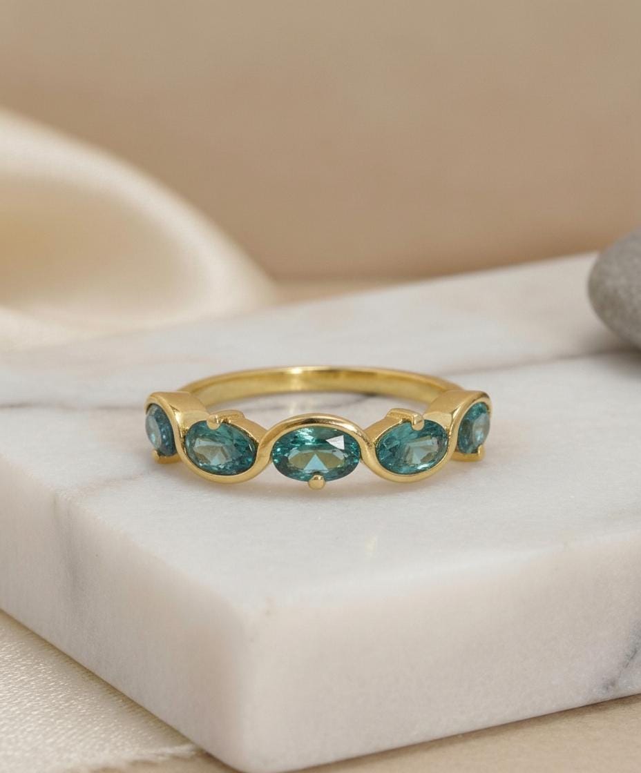 Alexandrite Ring 5 Stone Purple Gemstone Band Oval Cut Anniversary Jewelry Promise Ring for Her June Birthstone
