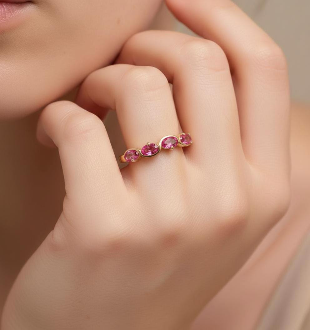 Pink Tourmaline Ring 5 Stone Pink Gemstone Band Oval Cut Anniversary Jewelry Promise Ring for Her October Birthstone