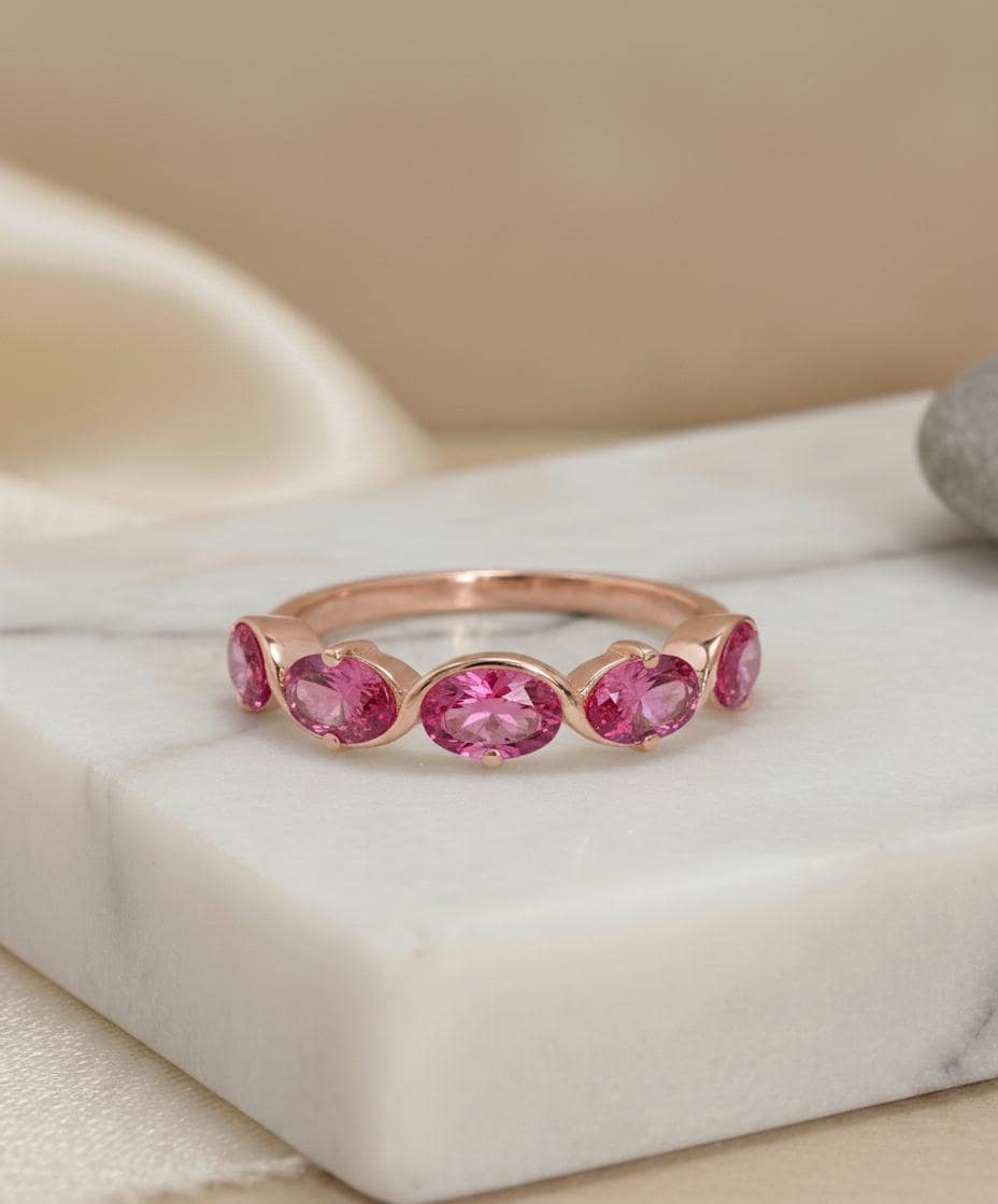 Pink Tourmaline Ring 5 Stone Pink Gemstone Band Oval Cut Anniversary Jewelry Promise Ring for Her October Birthstone