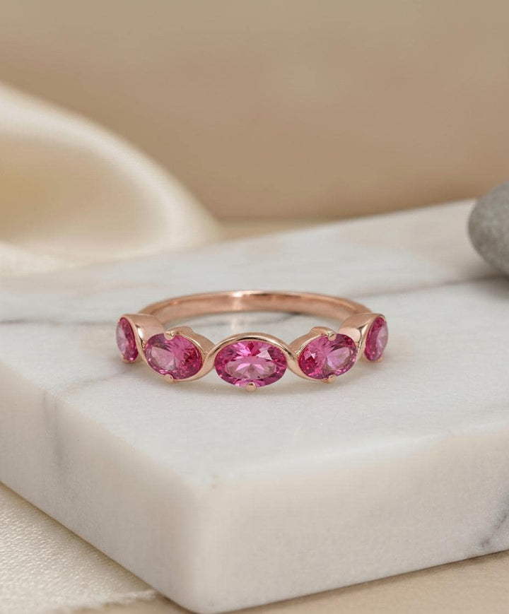 Pink Tourmaline Ring 5 Stone Pink Gemstone Band Oval Cut Anniversary Jewelry Promise Ring for Her October Birthstone