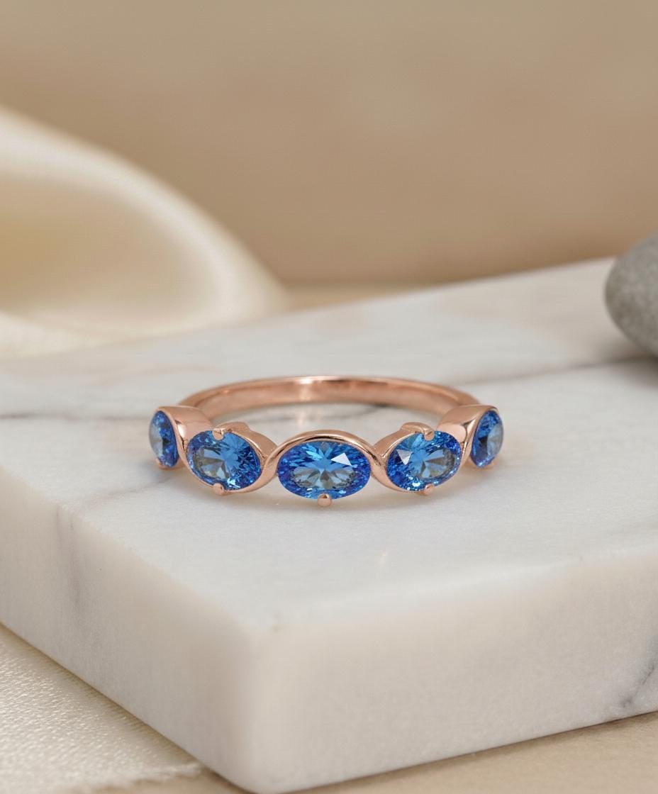 December Birthstone Ring 5 Stone Blue Gemstone Band Oval Cut Anniversary Jewelry Promise Ring for Her