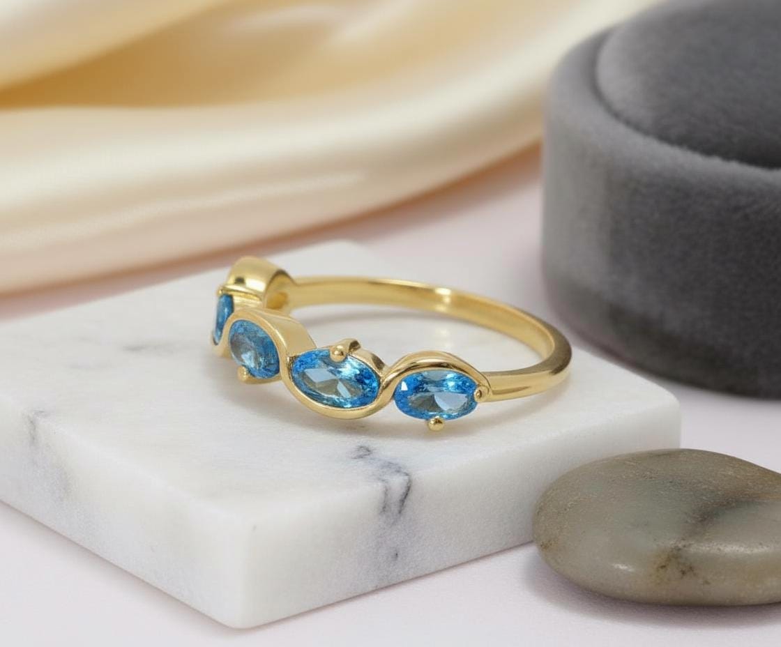 December Birthstone Ring 5 Stone Blue Gemstone Band Oval Cut Anniversary Jewelry Promise Ring for Her