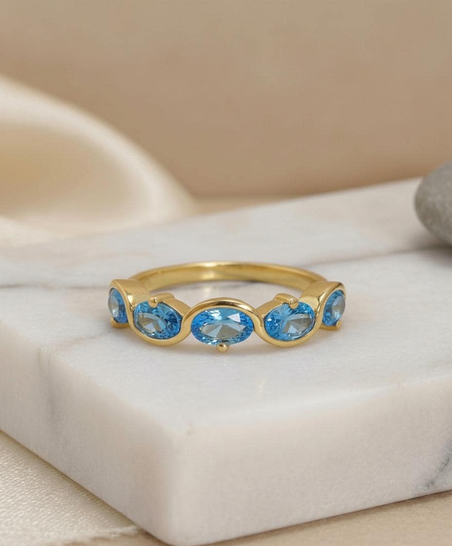 December Birthstone Ring 5 Stone Blue Gemstone Band Oval Cut Anniversary Jewelry Promise Ring for Her