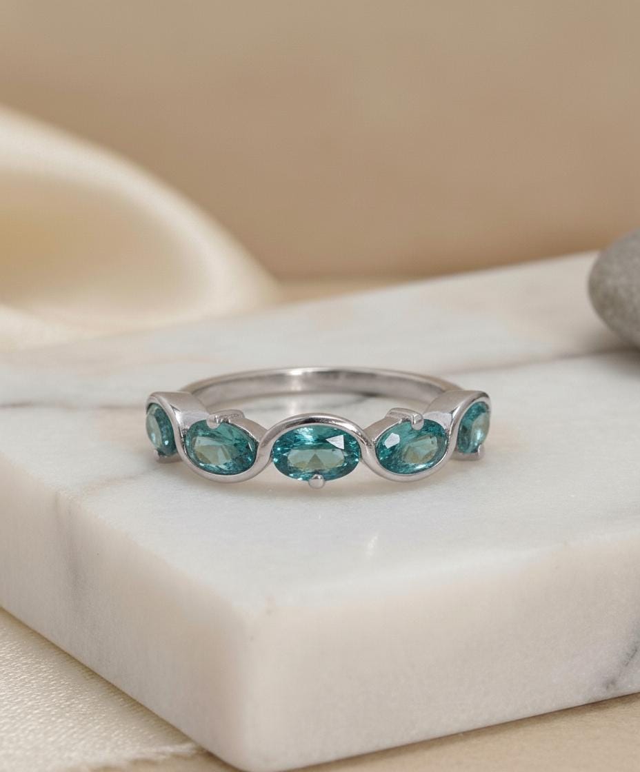 December Birthstone Ring 5 Stone Blue Gemstone Band Oval Cut Anniversary Jewelry Promise Ring for Her