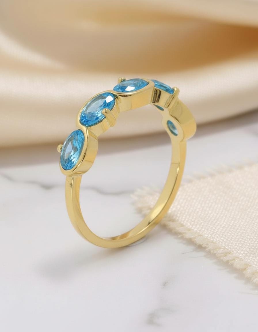 December Birthstone Ring 5 Stone Blue Gemstone Band Oval Cut Anniversary Jewelry Promise Ring for Her