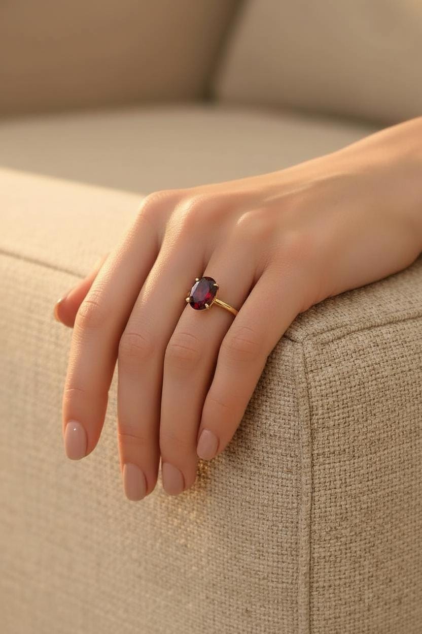 Garnet Engagement Ring Oval Solitaire Ring Minimalist Travel Ring January Birthstone Ring
