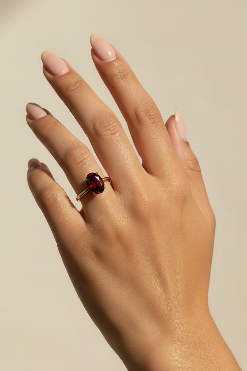 Garnet Engagement Ring Oval Solitaire Ring Minimalist Travel Ring January Birthstone Ring