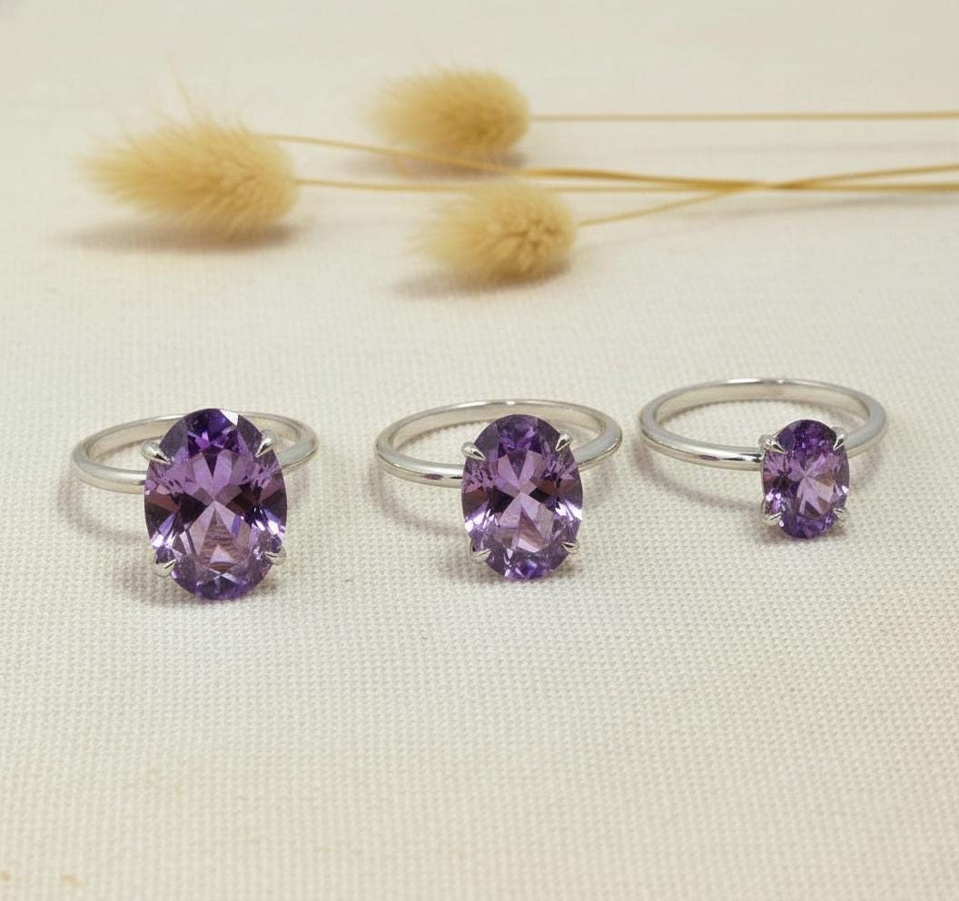 Amethyst Engagement Ring Oval Solitaire Ring Minimalist Travel Ring Feburary Birthstone