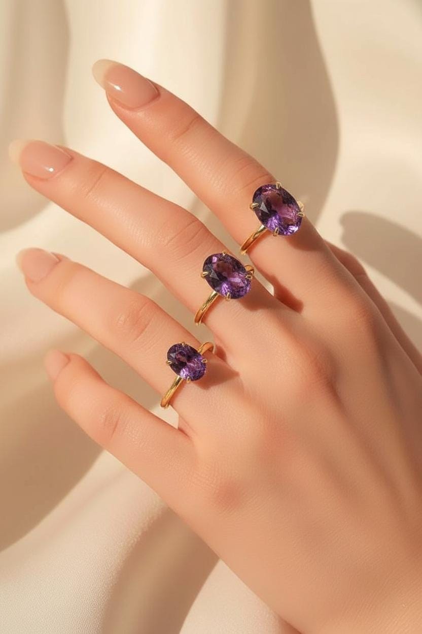 Amethyst Engagement Ring Oval Solitaire Ring Minimalist Travel Ring Feburary Birthstone