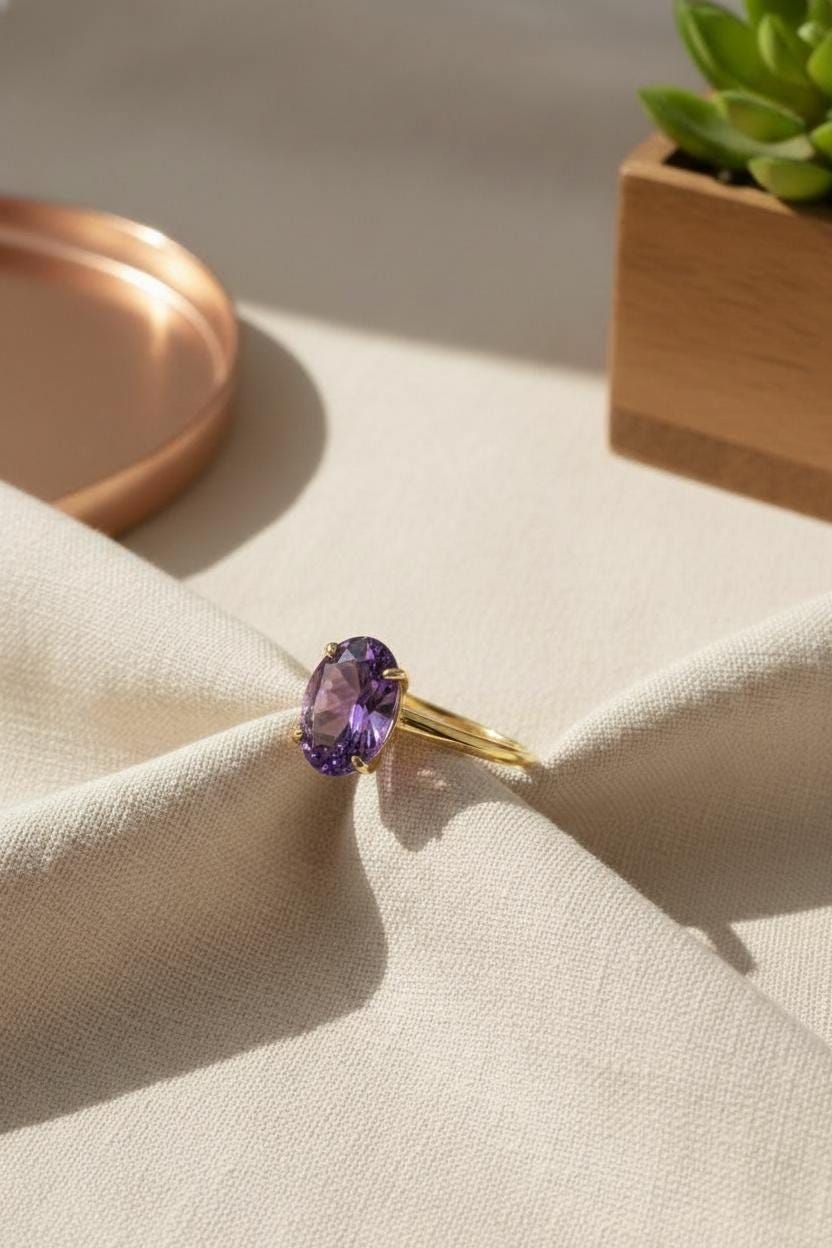Amethyst Engagement Ring Oval Solitaire Ring Minimalist Travel Ring Feburary Birthstone
