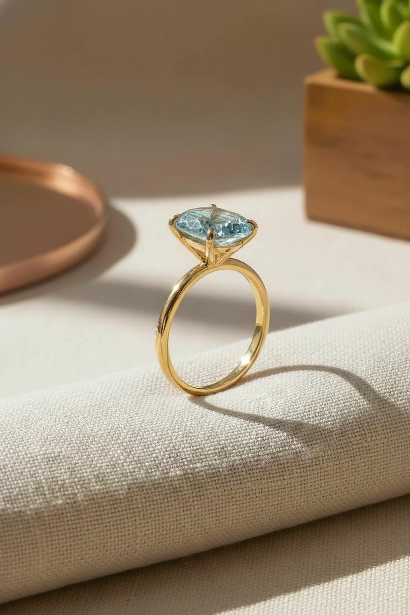 Aquamarine Engagement Ring Oval Solitaire Ring Minimalist Travel Ring March Birthstone