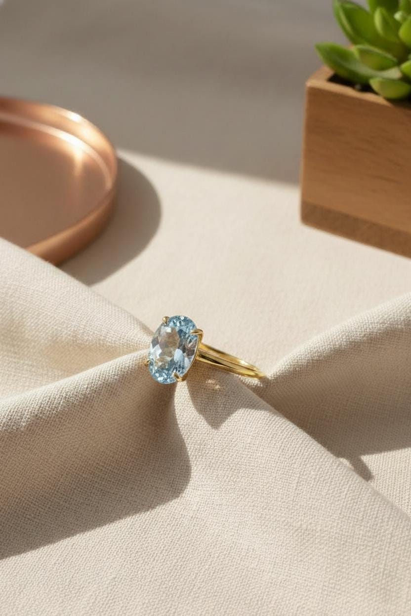 Aquamarine Engagement Ring Oval Solitaire Ring Minimalist Travel Ring March Birthstone