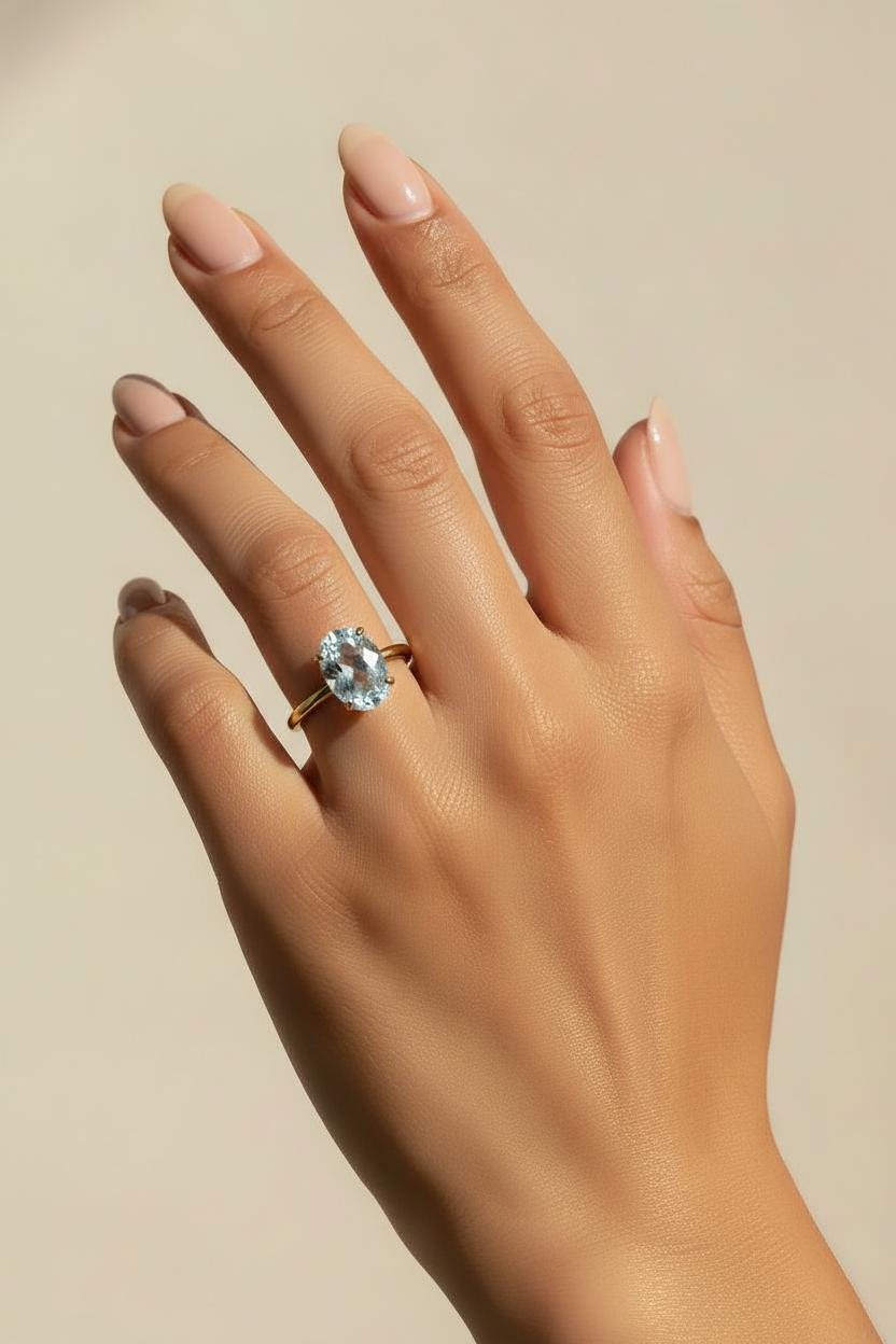 Aquamarine Engagement Ring Oval Solitaire Ring Minimalist Travel Ring March Birthstone