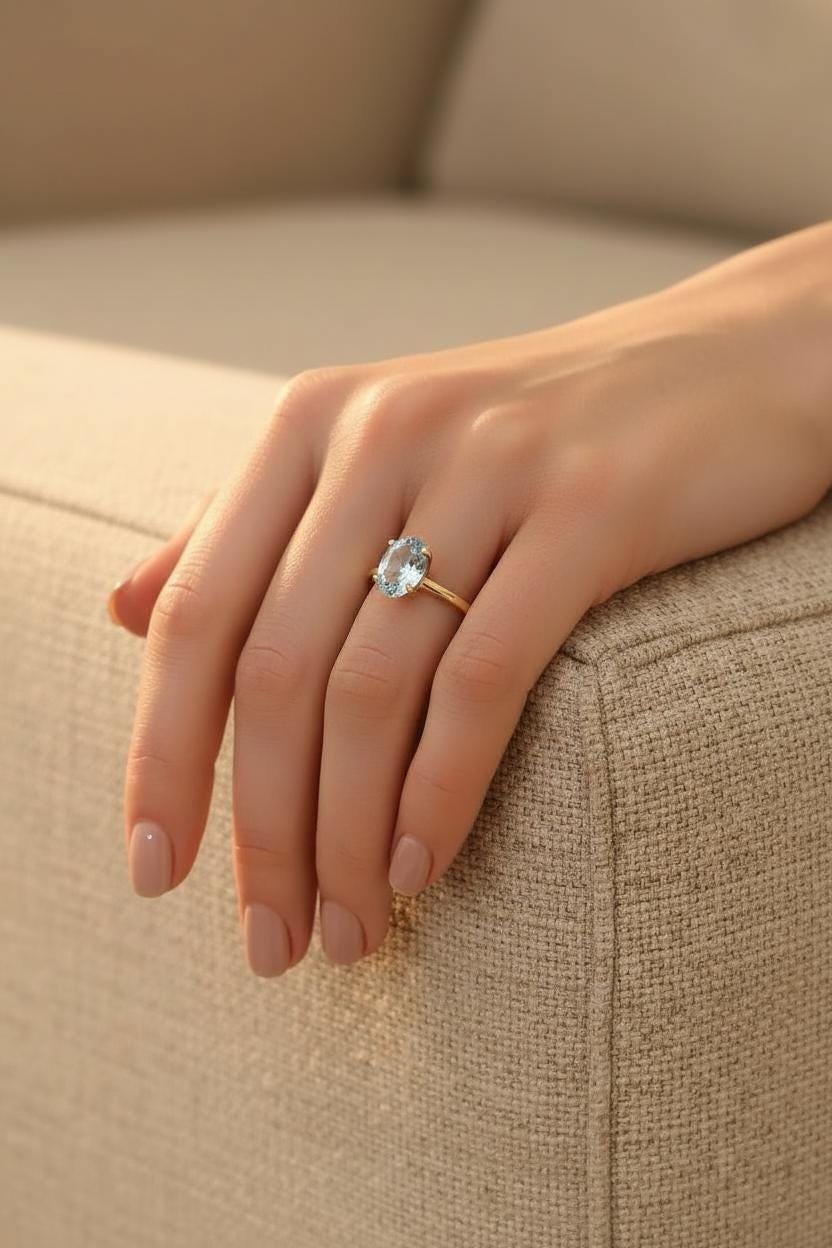 Aquamarine Engagement Ring Oval Solitaire Ring Minimalist Travel Ring March Birthstone