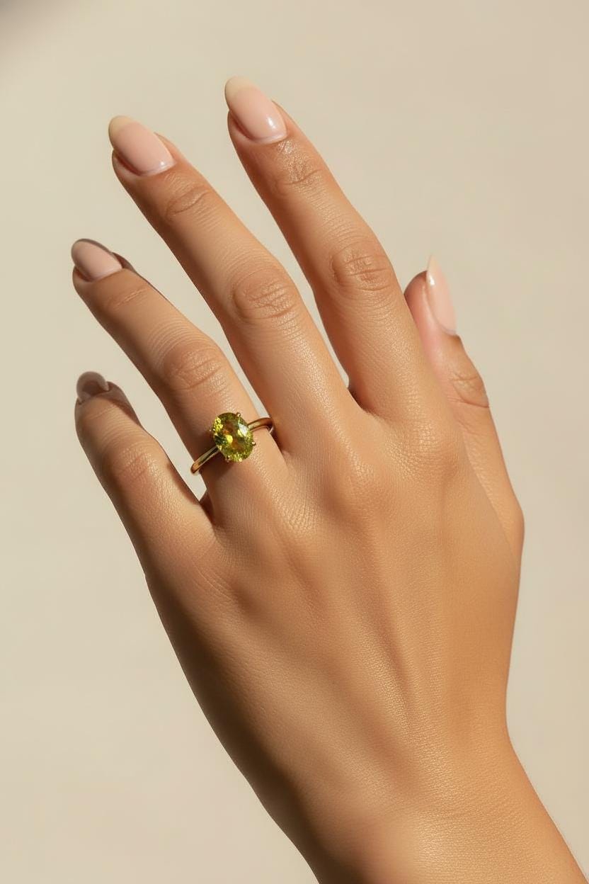 Peridot Engagement Ring Oval Solitaire Ring Minimalist Travel Ring August Birthstone