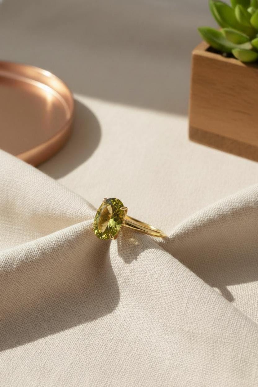 Peridot Engagement Ring Oval Solitaire Ring Minimalist Travel Ring August Birthstone