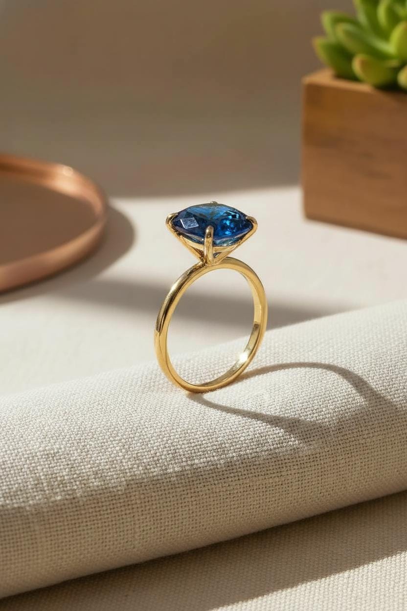 Blue Zircon Engagement Ring Oval Solitaire Ring Minimalist Travel Ring December Birthstone