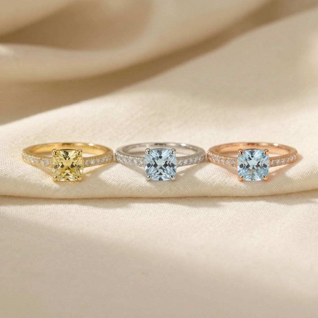 6.0mm Cushion Cut Aquamarine Engagement Ring, March Birthstone Gift