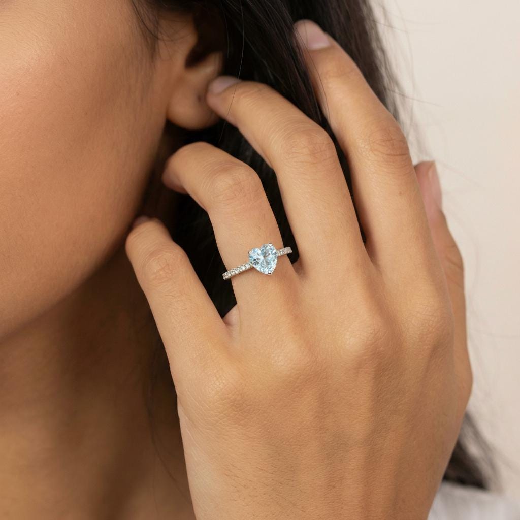 6.0mm Cushion Cut Aquamarine Engagement Ring, March Birthstone Gift