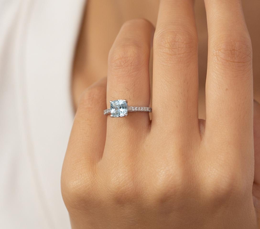 6.0mm Cushion Cut Aquamarine Engagement Ring, March Birthstone Gift