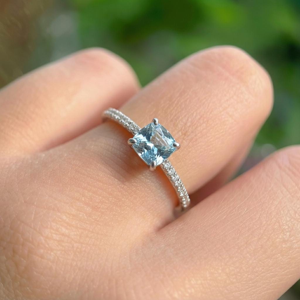 6.0mm Cushion Cut Aquamarine Engagement Ring, March Birthstone Gift