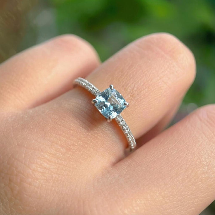 6.0mm Cushion Cut Aquamarine Engagement Ring, March Birthstone Gift