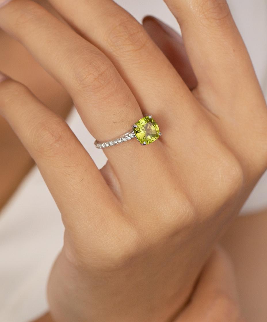 Graduation Gift - 6.0mm Cushion Cut Peridot Ring, August Birthstone Jewelry, Sterling Silver Engagement Ring, Green Gemstone Ring for Women