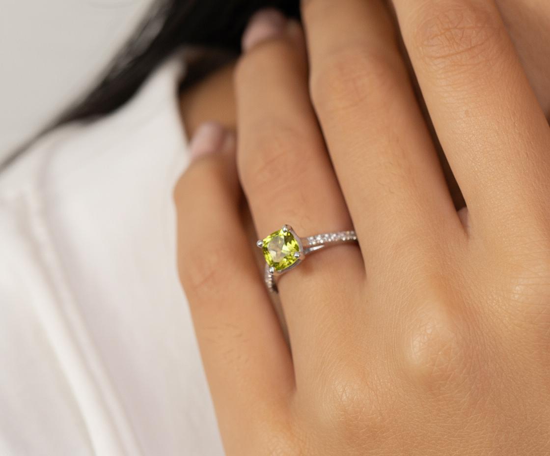 Graduation Gift - 6.0mm Cushion Cut Peridot Ring, August Birthstone Jewelry, Sterling Silver Engagement Ring, Green Gemstone Ring for Women