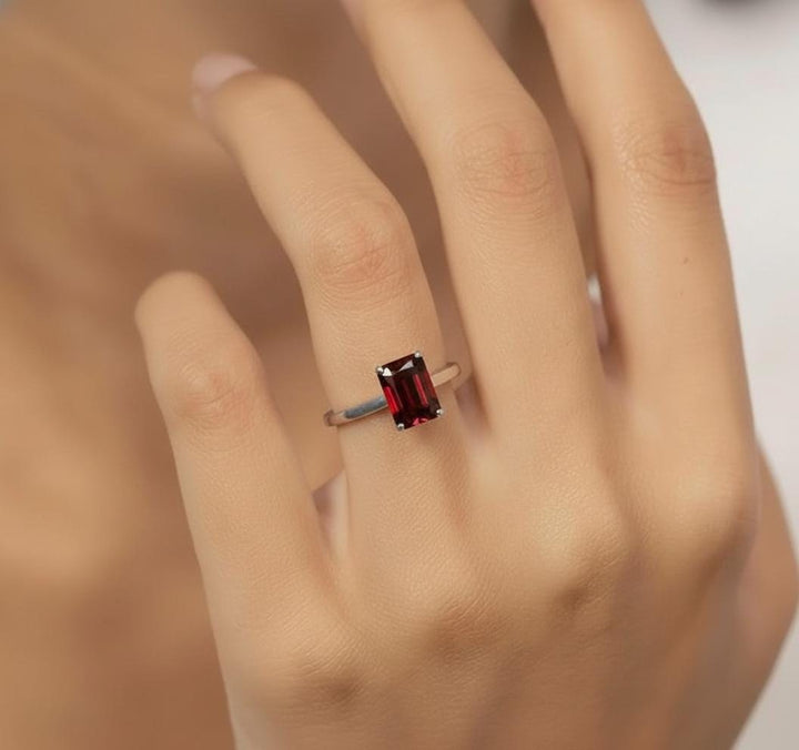 Emerald Cut Garnet Ring, Solitaire Engagement Ring, Minimalist Promise Ring for Her, January Birthstone