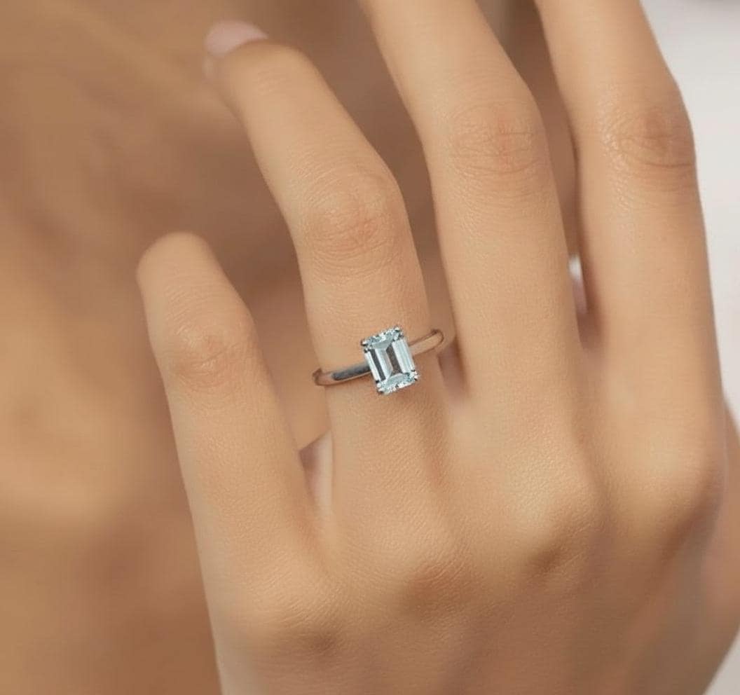 Emerald Cut Aquamarine Ring Solitaire Engagement Ring Silver March Birthstone Promise Ring Minimalist Light Blue Gemstone Anniversary Gift