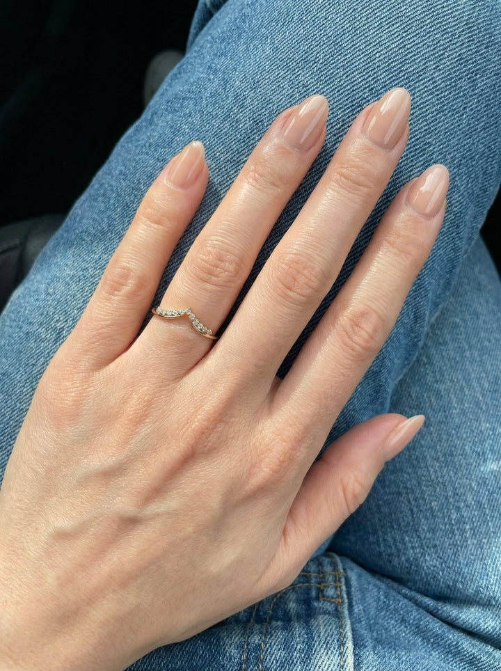 Delicate Moissanite Curved Wedding Band, Curve Stacking Ring, Matching Wedding Ring Gift for Women, Crown Ring