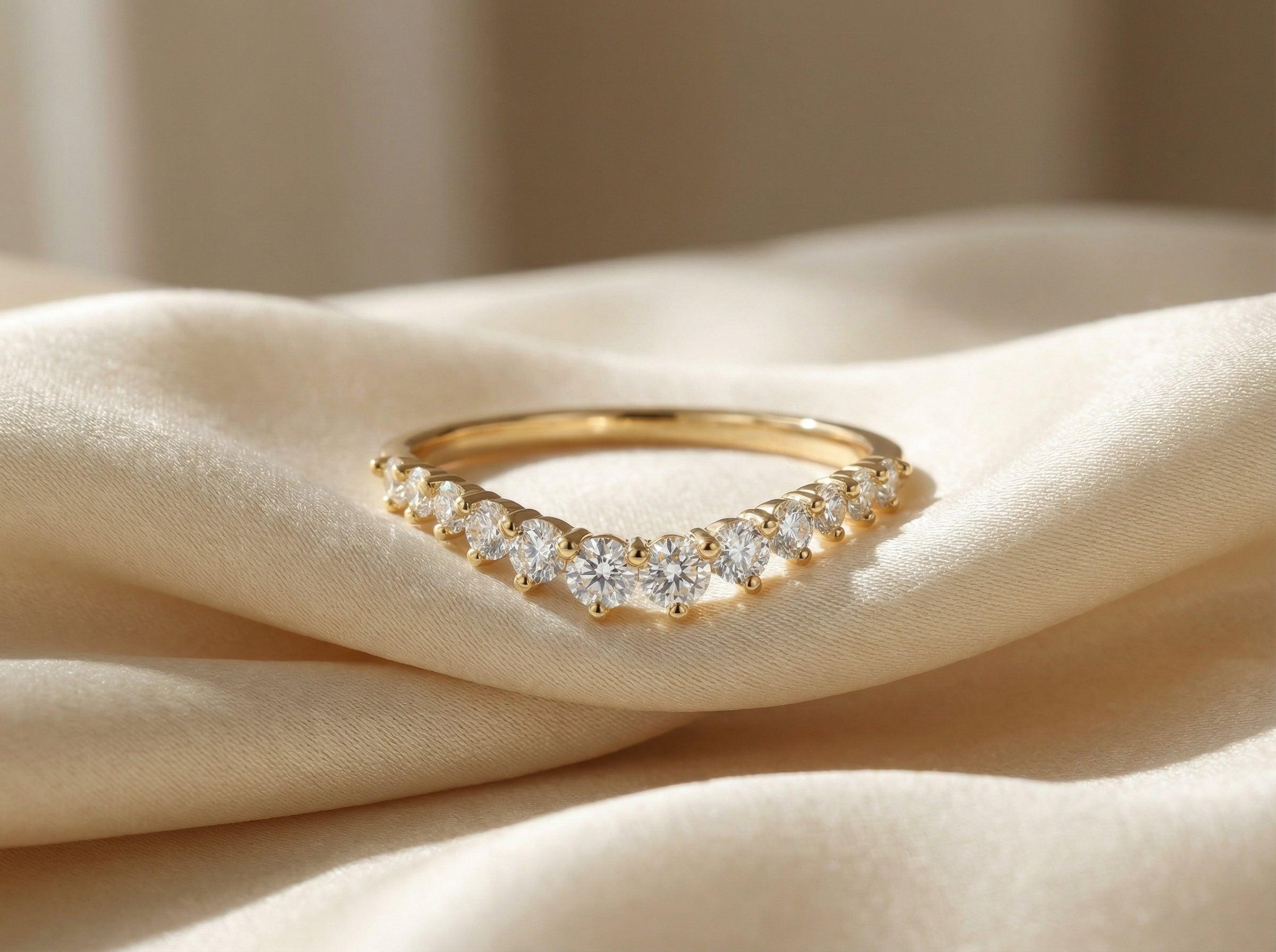 Moissanite Curved Wedding Band, Curved Stacking Ring, Moissanite Promise Ring for Women