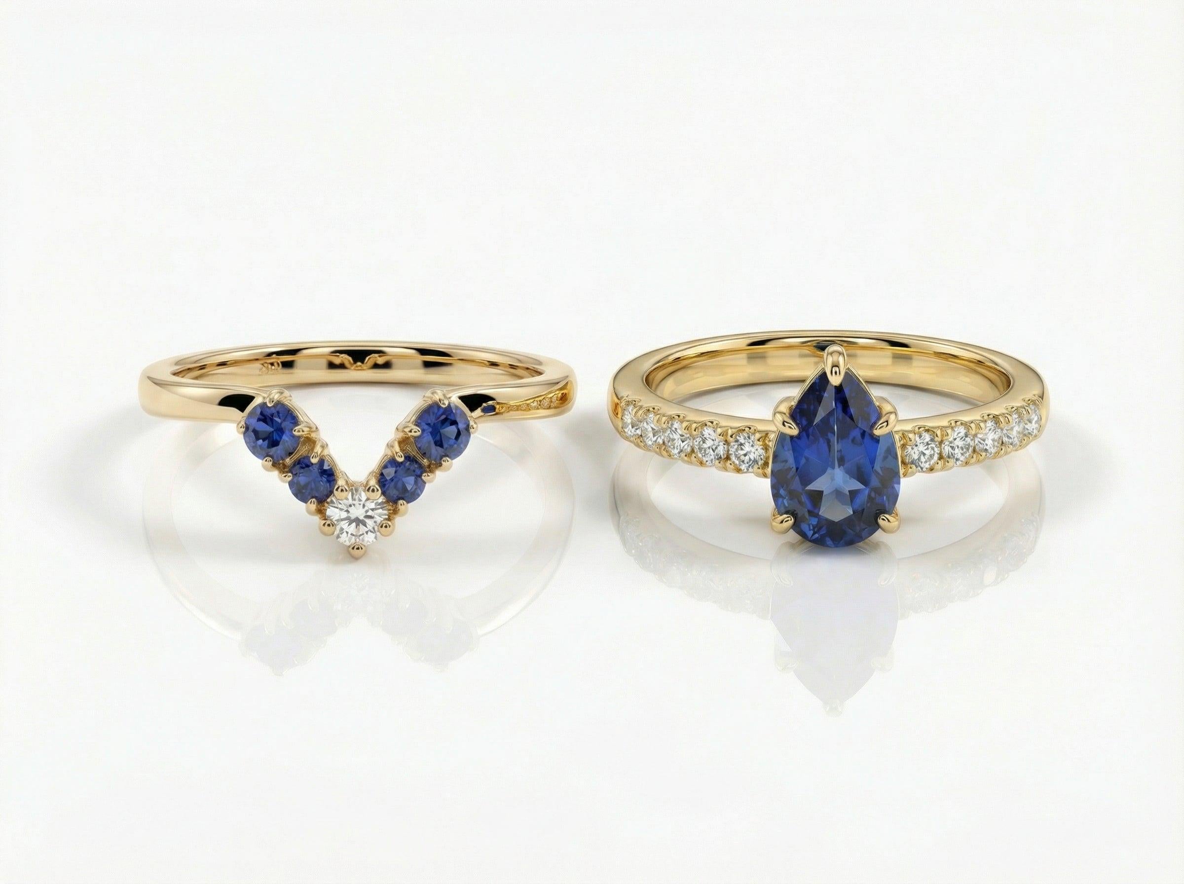 Blue Sapphire Engagement Ring Set, Vintage Pear Cut Bridal Ring, Antique Curved Wedding Band, September Birthstone Set for Her