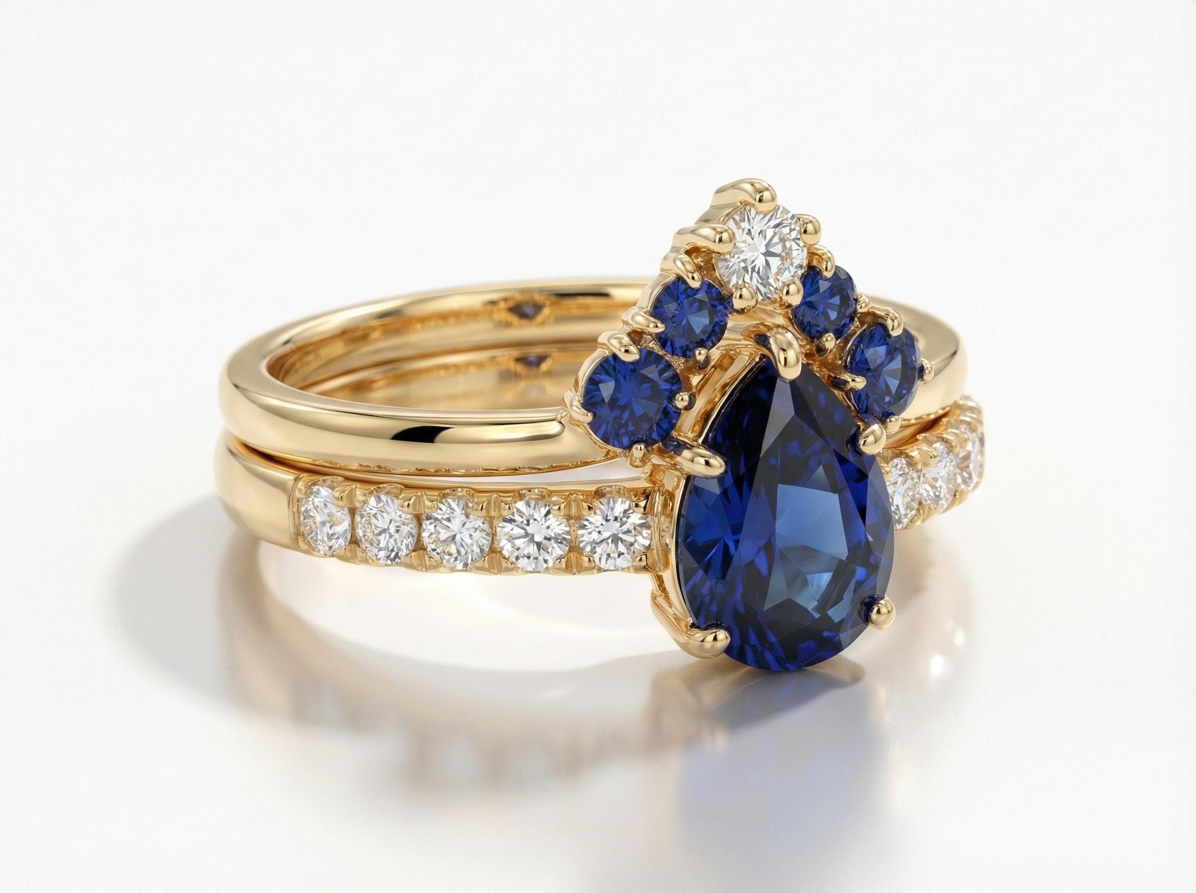 Blue Sapphire Engagement Ring Set, Vintage Pear Cut Bridal Ring, Antique Curved Wedding Band, September Birthstone Set for Her