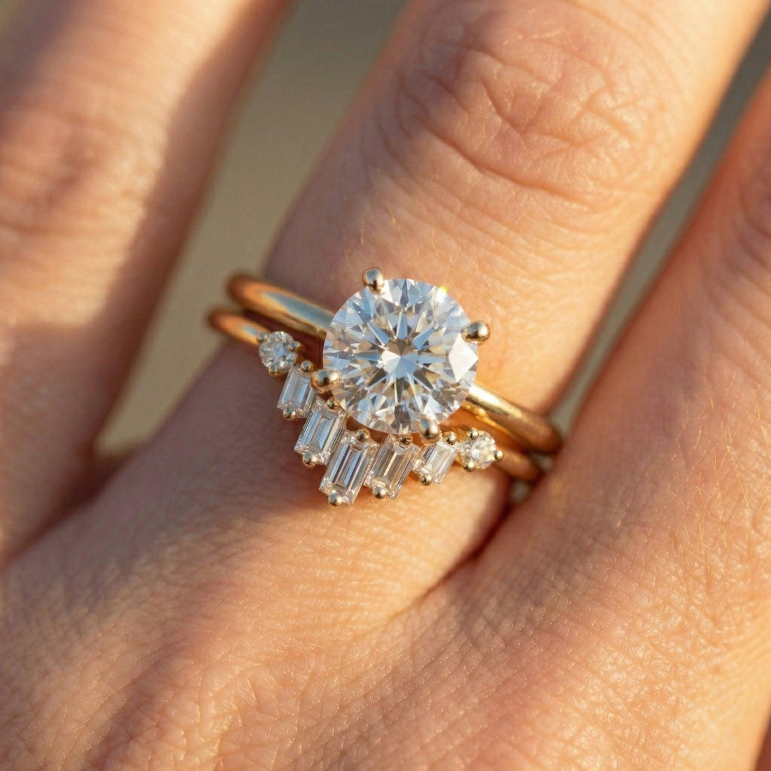 Chevron Moissanite Wedding Band, Vintage Chevron Stacking Ring, Baguette & Round Moissanite Ring for Women